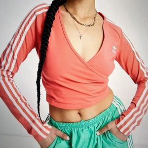 Adidas long sleeve wrap-style 3-stripe crop top, semi turbo color